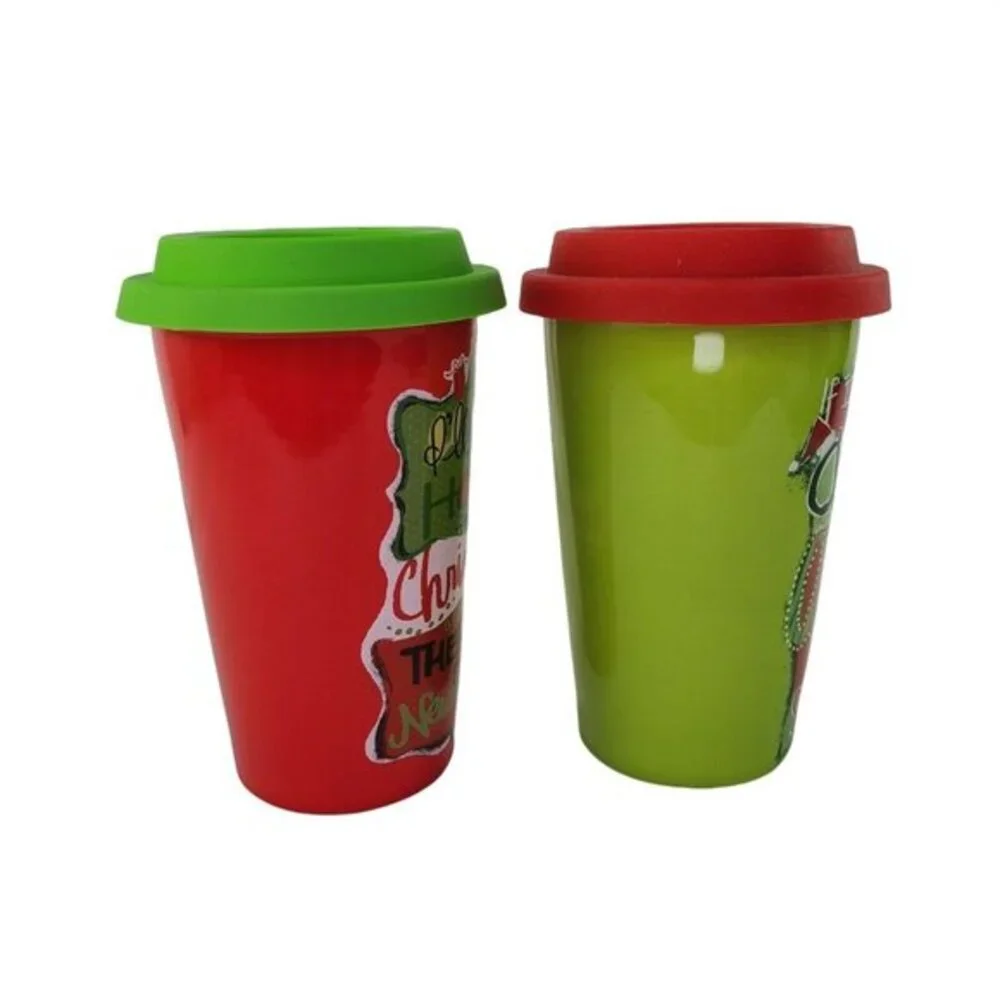 Christmas Saying Travel Mugs Tumbler Set‎ 2 Ceramic Silicone Lid Coffee Tea New